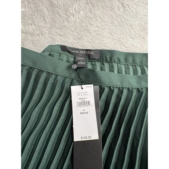 Banana Republic Satin Pleated Skirt Hunter Green Midi Petite 4P NWT Style 798408 - Picture 7 of 12